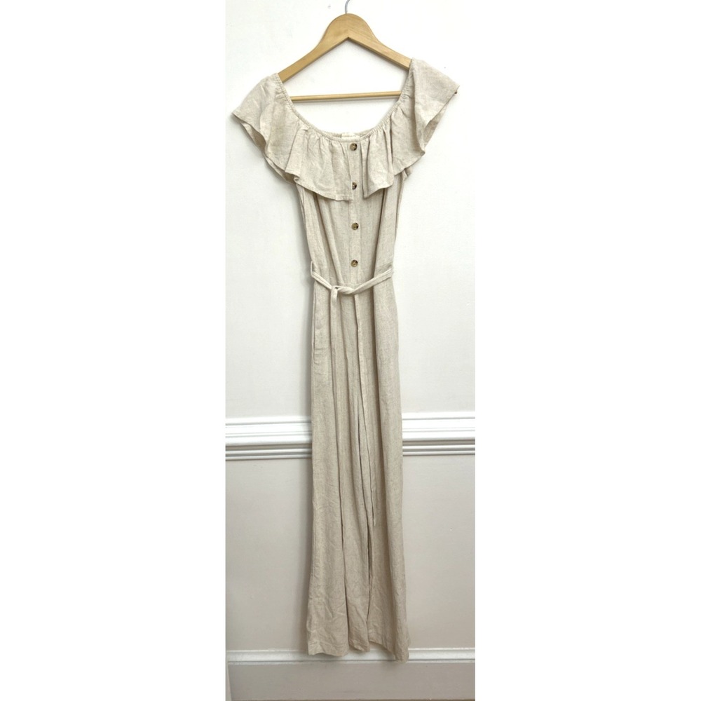 Monteau Los Angeles Jumpsuit Sz M Beige Wide Leg Flutter Sleeve Linen Blend